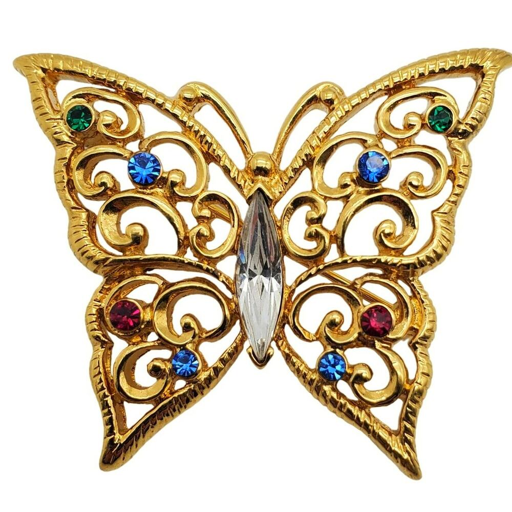 Monet Butterfly Brooch Gold Tone Filigree Pin Rhinestone Jewel Tones Insect